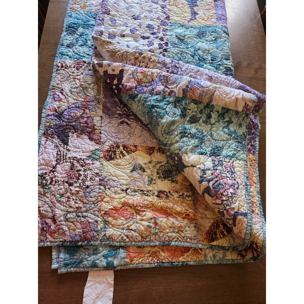 Poetic Wanderlust Patchwork Quilt Purple Teal Paisley Cotton Quilted Throw 90in
